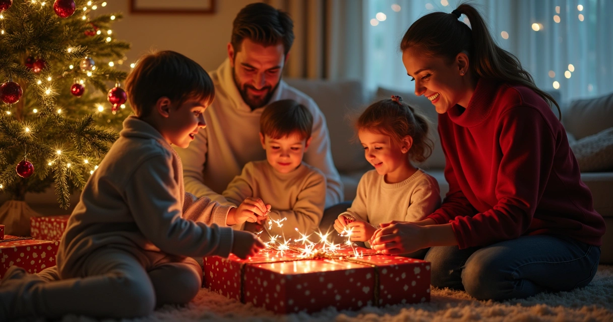 Family gathered around Christmas tree with children opening presents and magical glowing lights 
