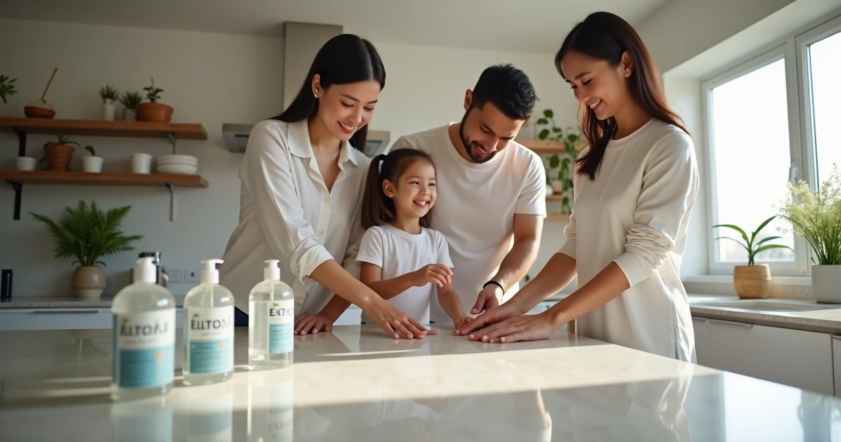 Família limpando as mãos com álcool em gel na cozinha 