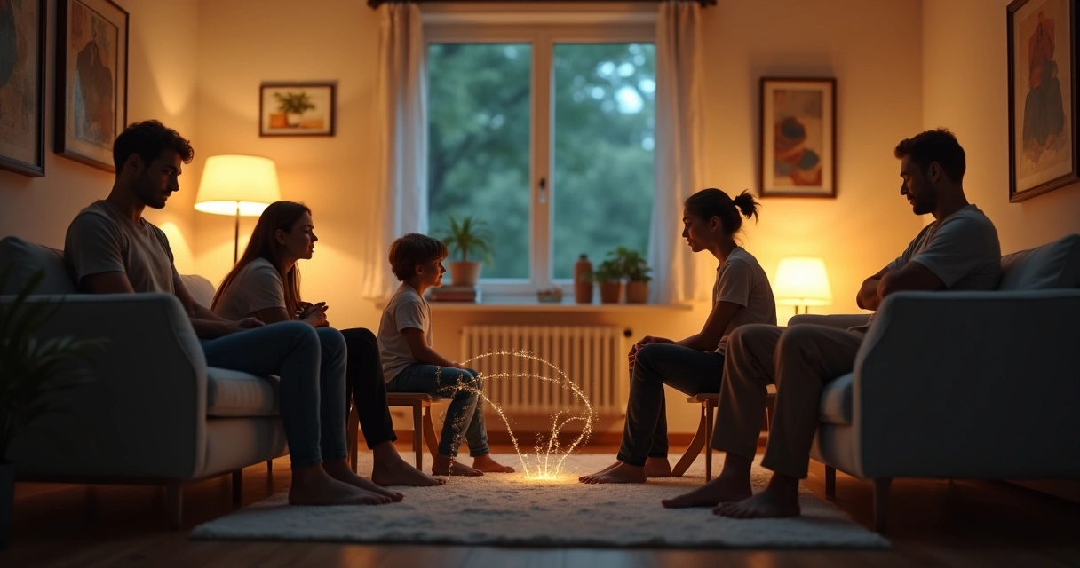 Family silhouettes gently connected by glowing threads in a cozy living room 