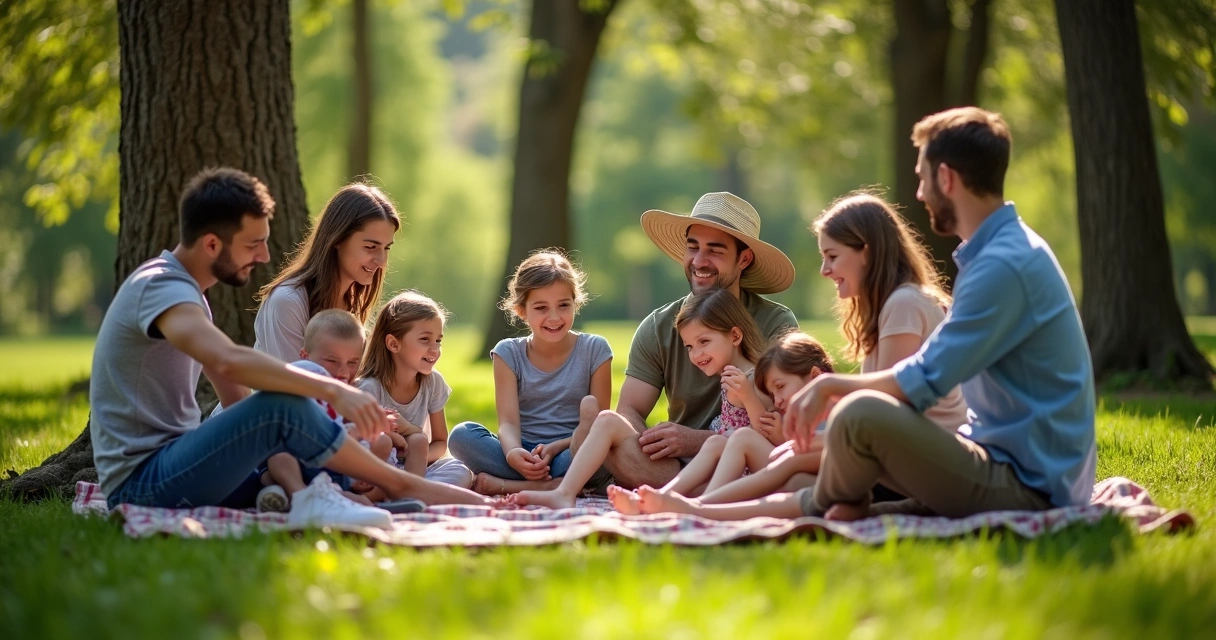 Families gathered outdoors, connecting and sharing in a lush natural setting 