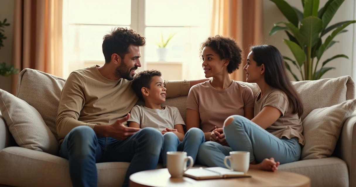 Family talking calmly together on a cozy living room sofa 