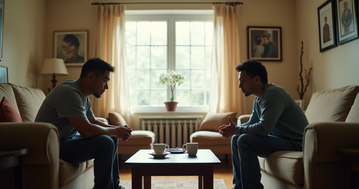 Two family members in tense silence in a living room 