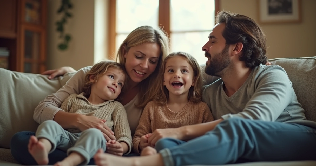 Family of four sitting together, engaging in heartfelt conversation on a living room couch