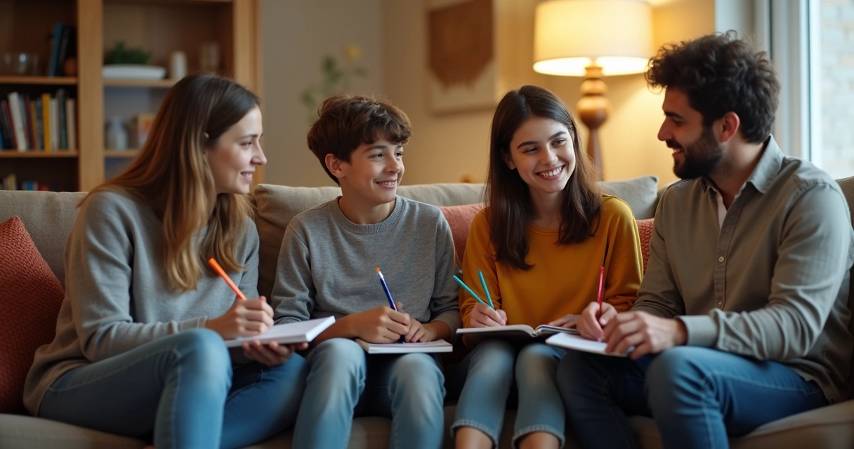 Family sitting together in a cozy living room, discussing calmly with a notepad and color markers on the table 