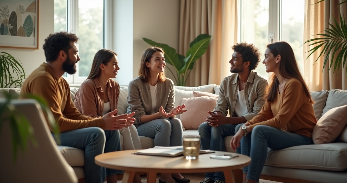 Diverse family sitting in a circle calmly discussing in a bright living room 