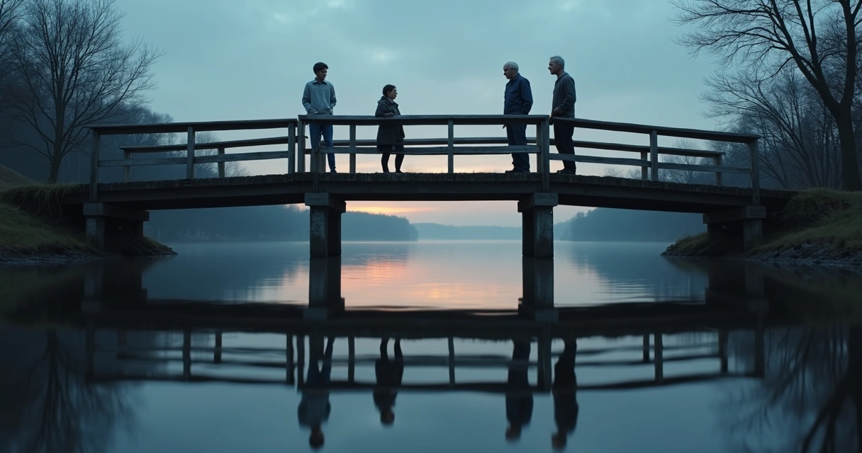 Three generations on a bridge facing each other with mirrored shadows below 