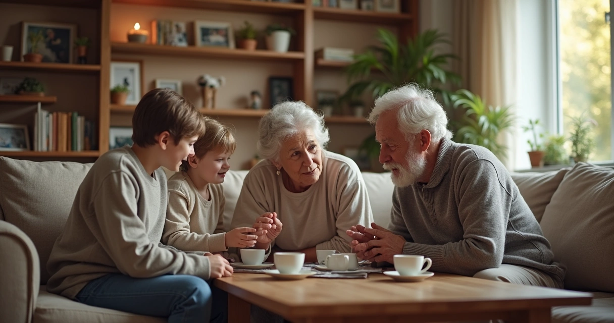 Three generations of a family sitting together, sharing stories over tea 