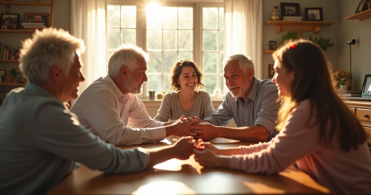 Multigenerational family holding hands around a living room table, warm lighting, diverse faces, gentle smiles