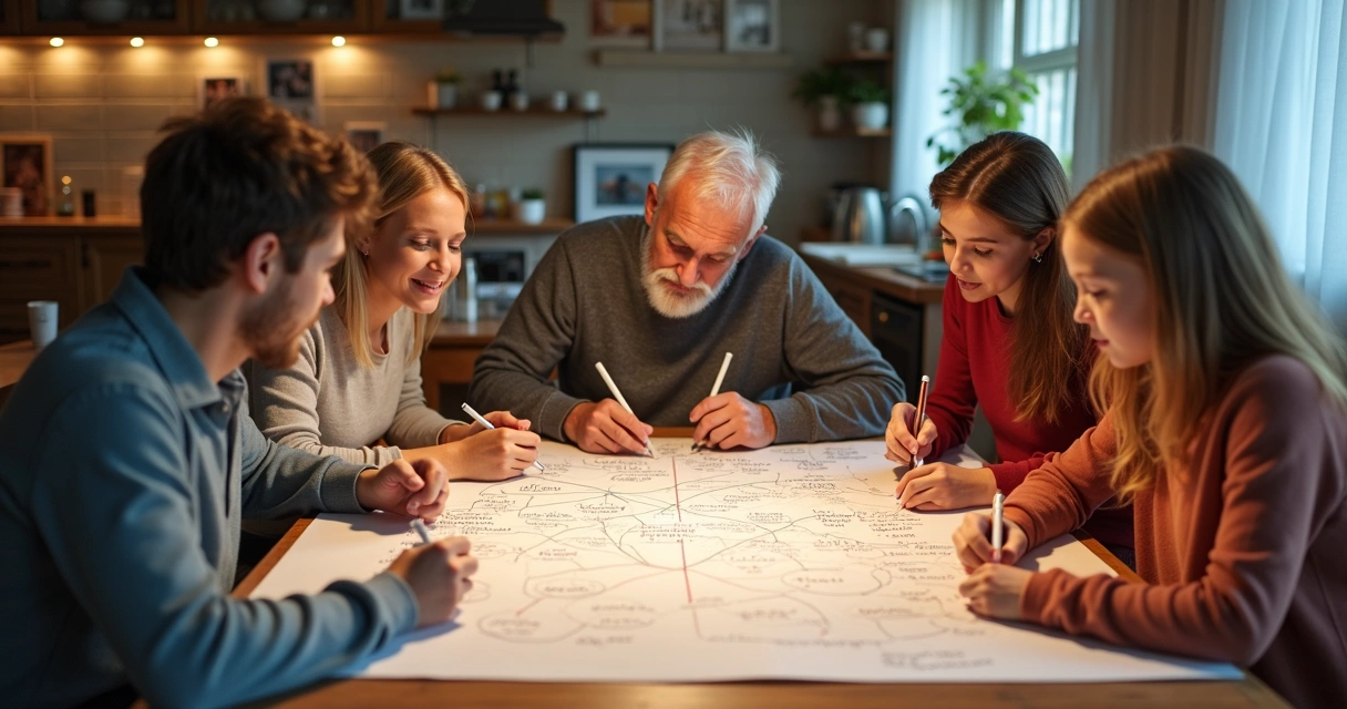 Family at home drawing a relationship map on paper