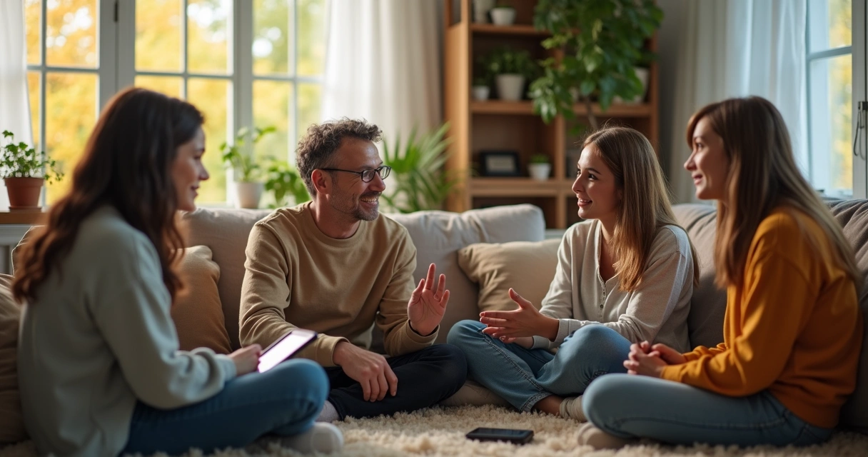 Family sitting in a living room, engaging in face-to-face discussion 