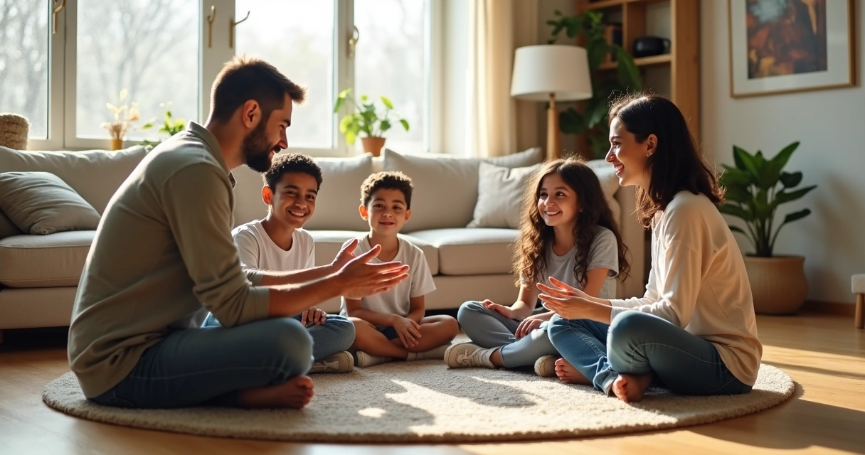Family sitting in a circle on a living room floor having a calm conversation 