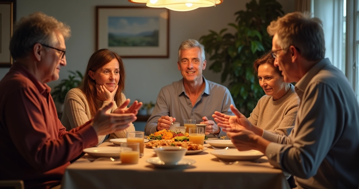 Family sitting at dinner table, respectfully discussing and listening, displaying varied viewpoints. 