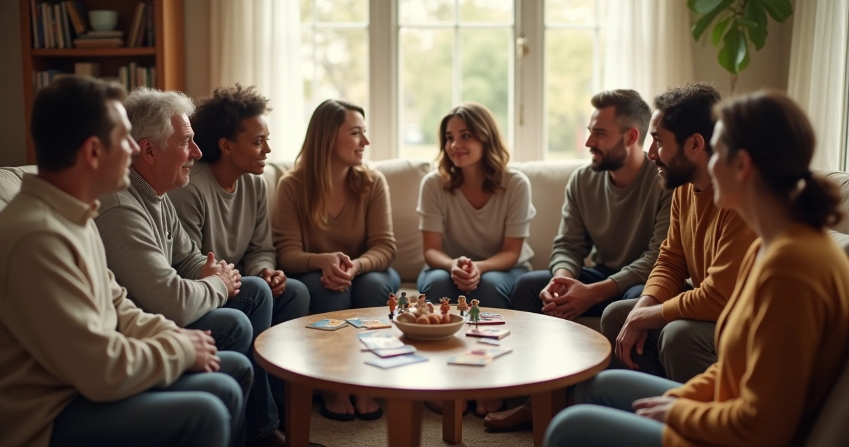 Family sitting in a circle, having a thoughtful, calm discussion 