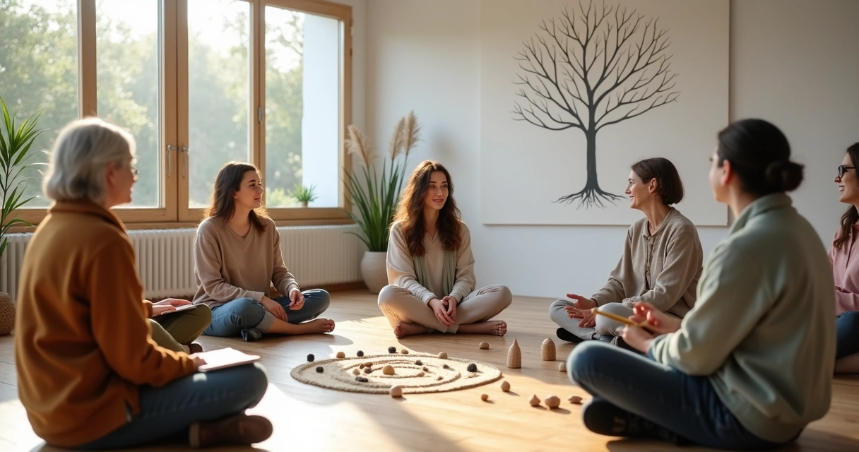 Family constellation facilitator guiding group in reflective circle 