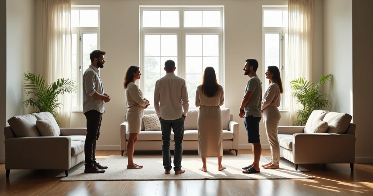 People standing in a room in positions symbolizing family members. 