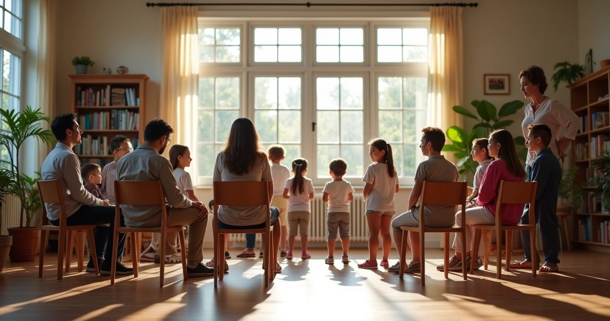 Family members sitting in a circle participating in a systemic constellation process 