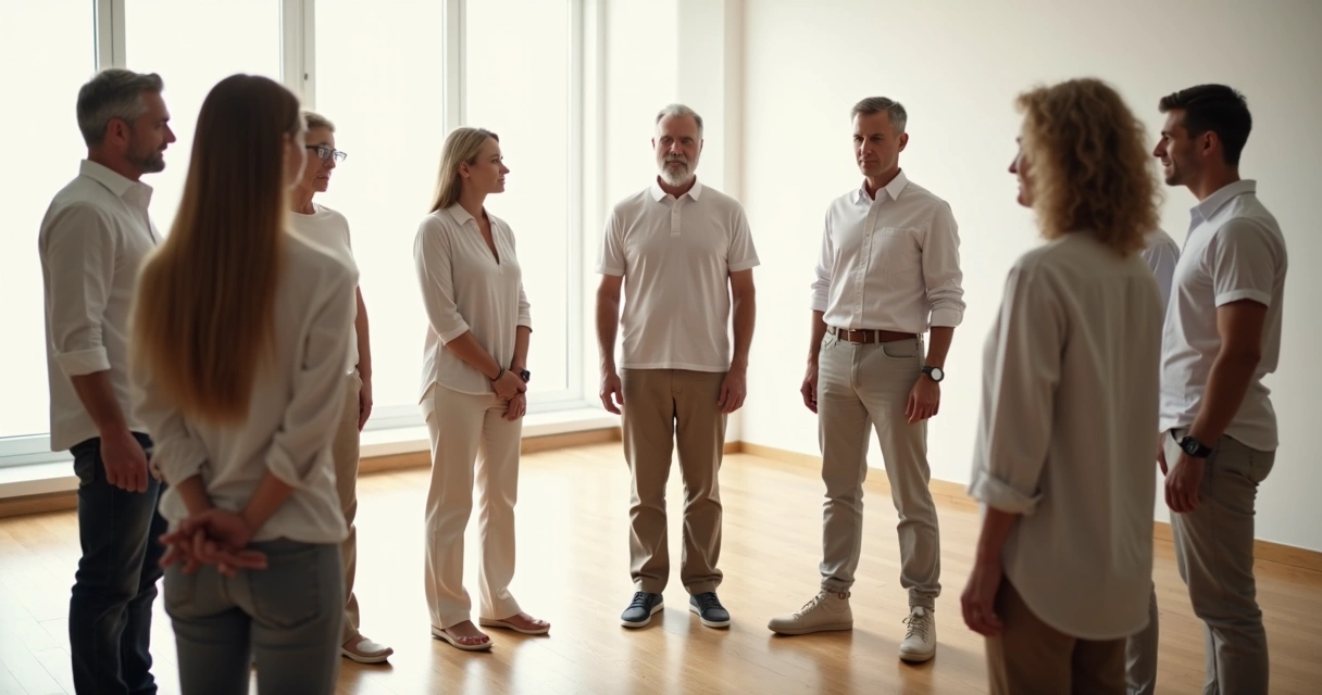 Group participants in systemic constellation session standing in a circle 