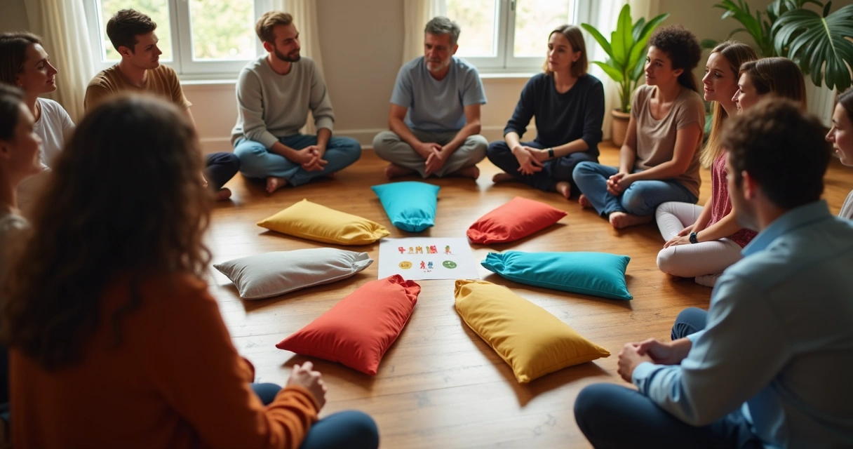 Group of people in a circle with objects on the floor representing family members 