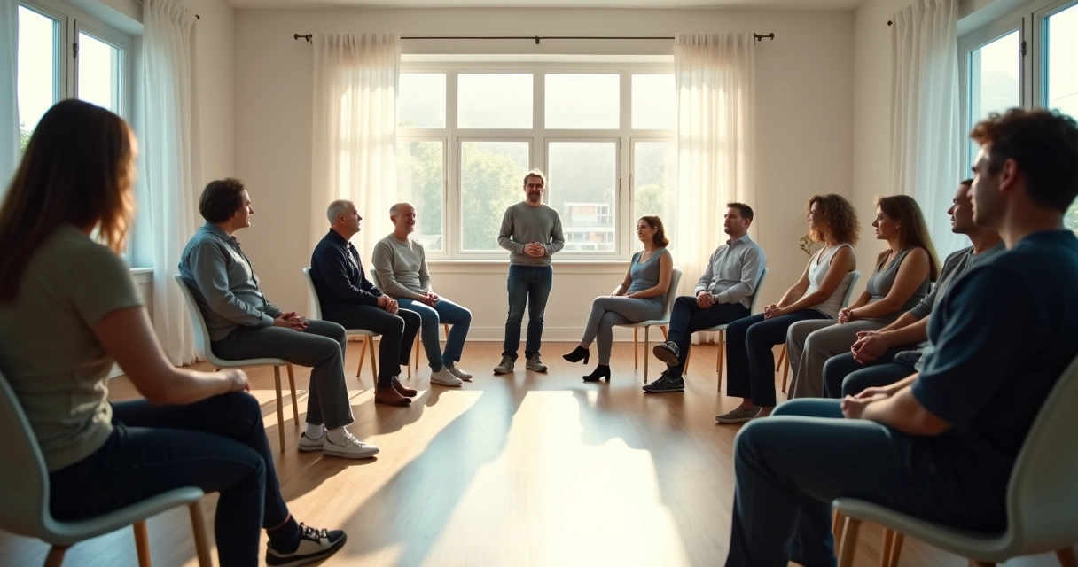 People sitting in a circle in a sunlit room, with two participants standing in the center, while others observe with attentive expressions. 