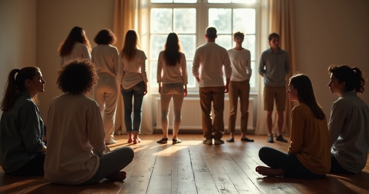 Facilitator with group in systemic constellation workshop, participants standing in symbolic positions of family members. 