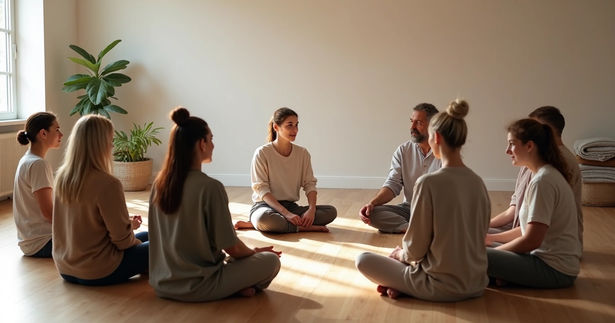 Group sitting in a circle with light connections symbolizing family constellations 