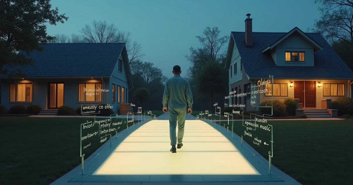 Adult crossing glowing bridge between two family homes at dusk 