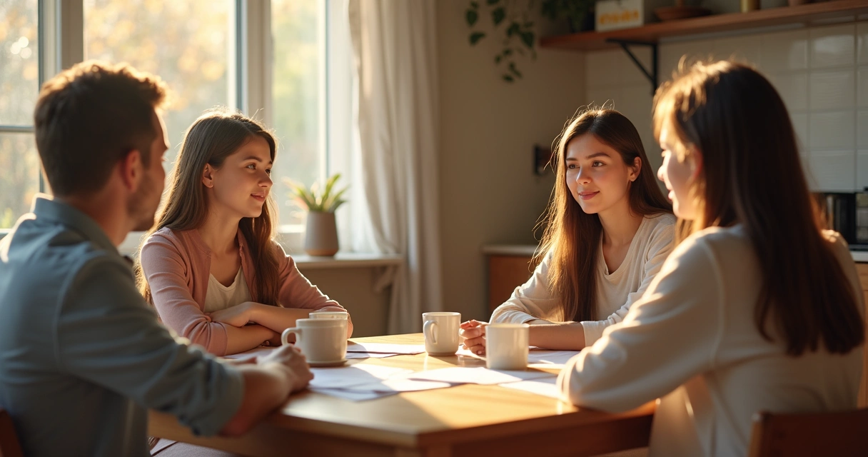 Family sitting calmly with open body language at a kitchen table 