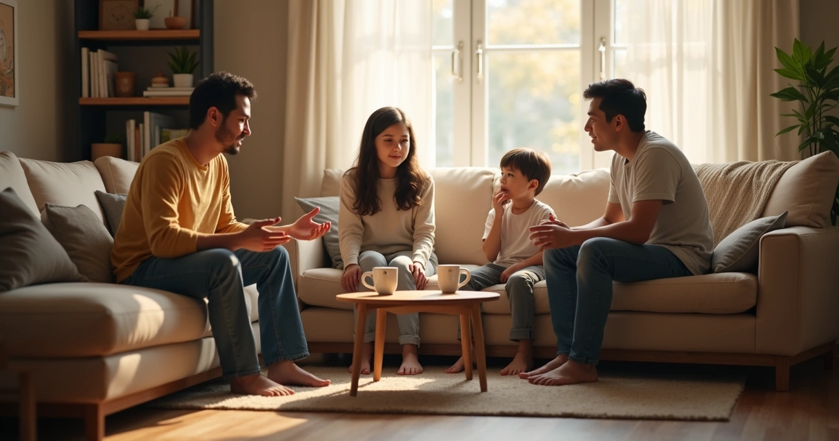 Family seated in a living room discussion circle 