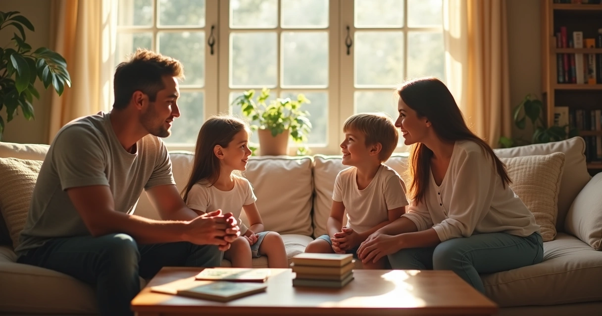 Four family members talking calmly inside a living room 