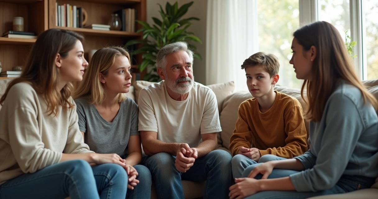Family sitting in a living room, engaged in a serious conversation.