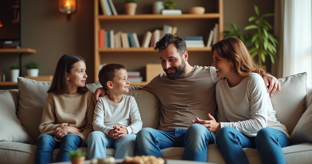 Family sitting in a living room having a heartfelt conversation