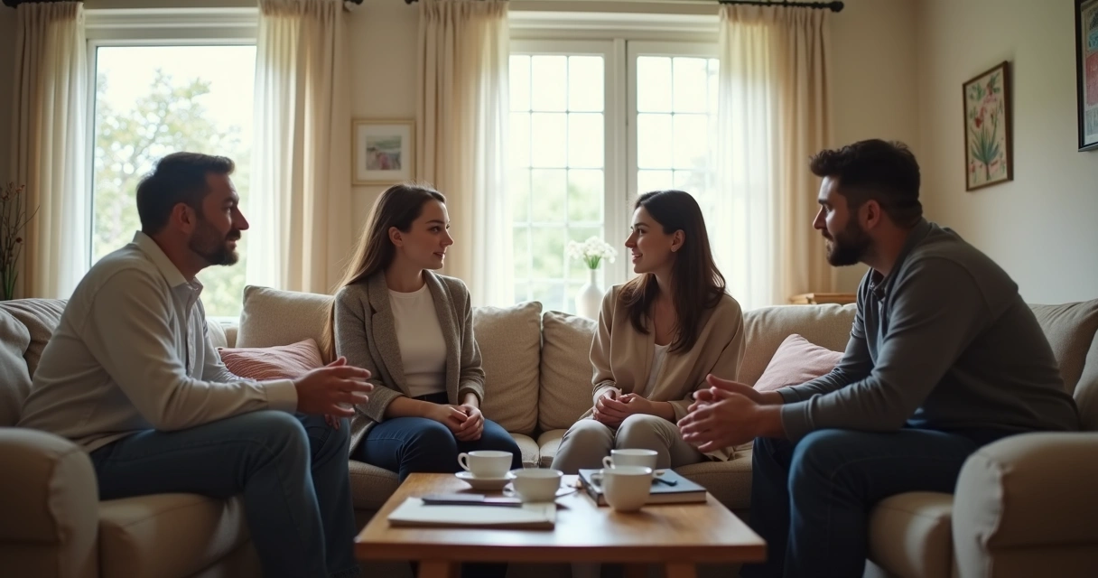 Family seated in a calm living room during a respectful discussion
