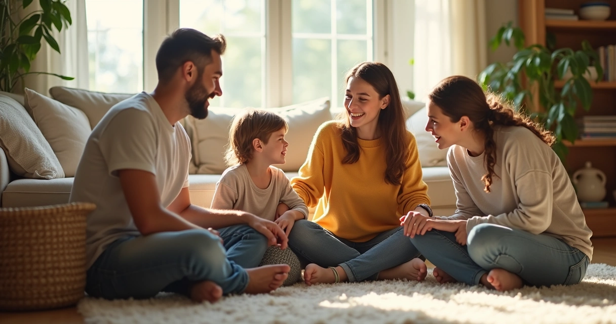 Family sitting together in a living room, having a heartfelt conversation. 