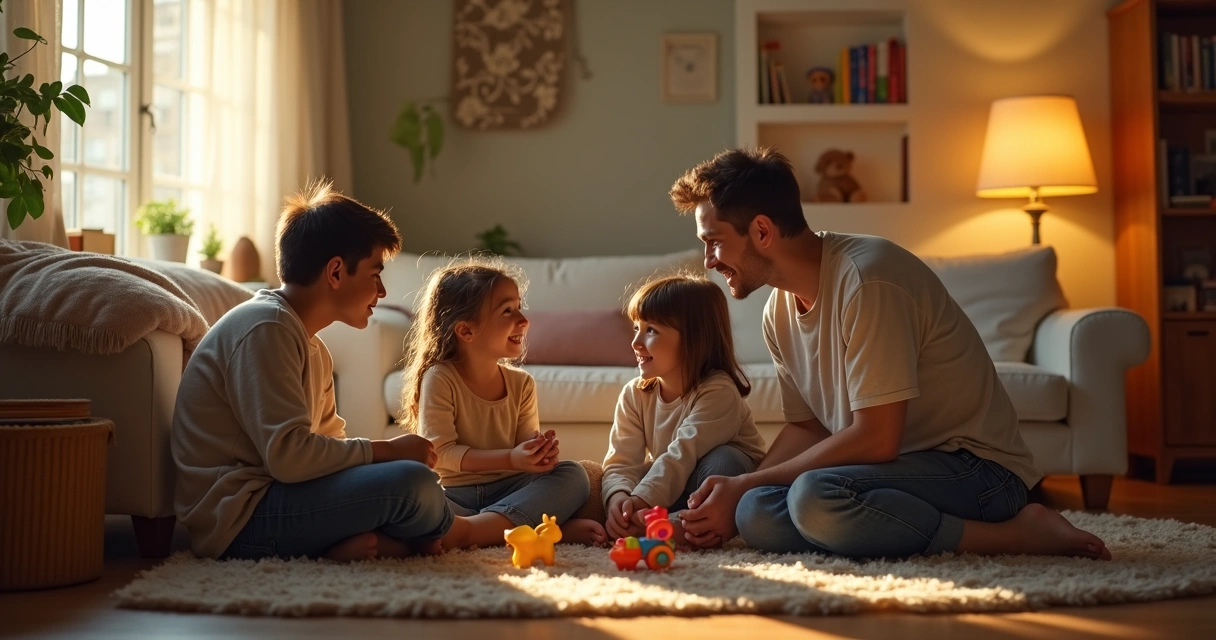 Family of four sitting in a living room, speaking together warmly 