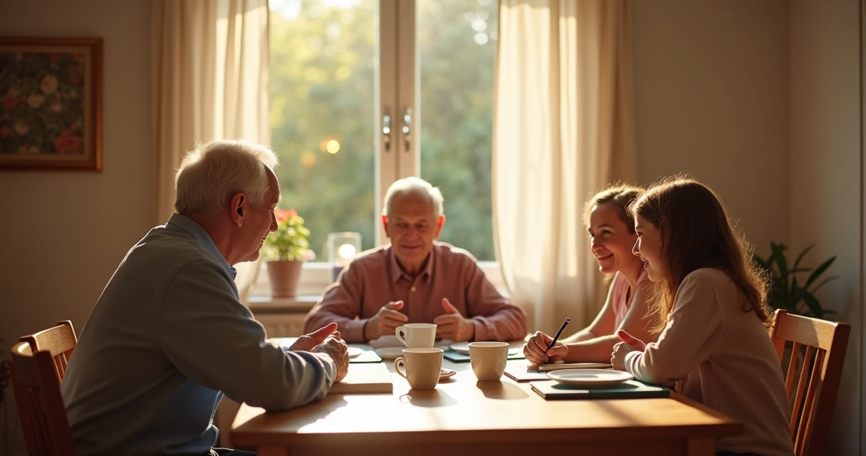 Family members speaking across generations at a dinner table