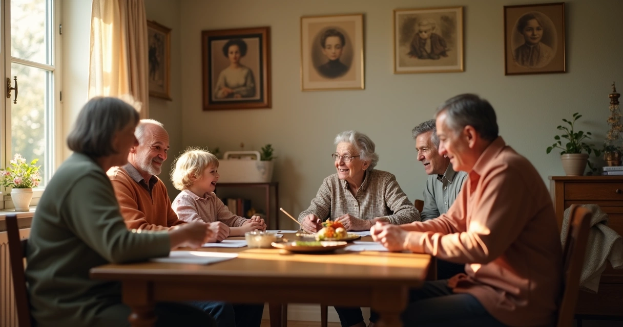 Family sitting at table, generations talking together 