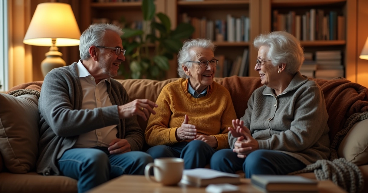 Three adults sitting together talking openly in a cozy living room 