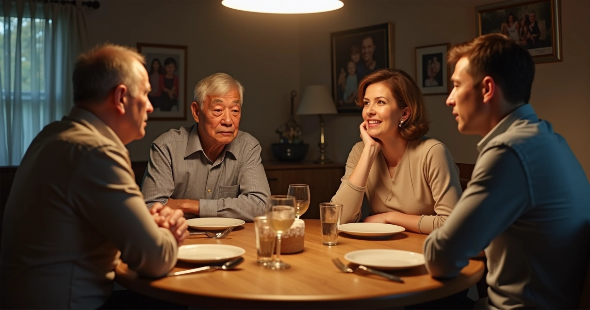 Four people talking at a dinner table with serious expressions 