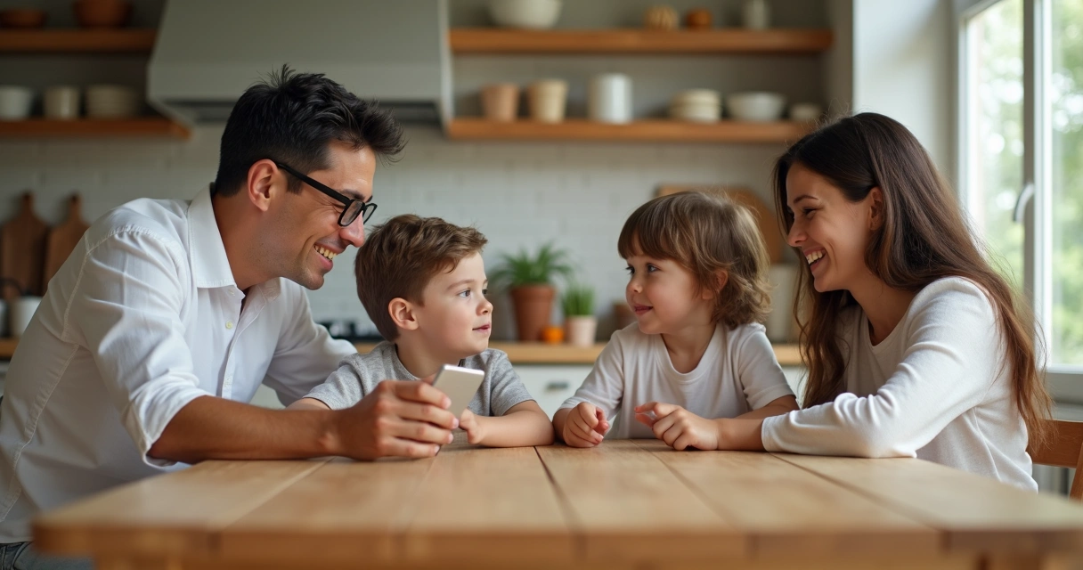 Family sitting around a table engaged in relaxed conversation 