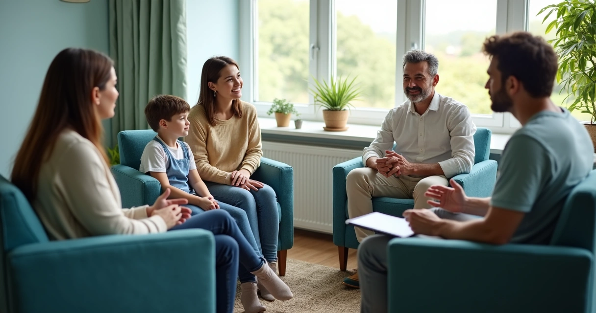 Family in counseling session with therapist in a calm room