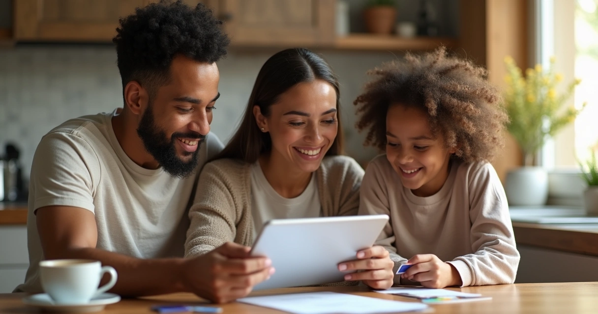 Family reviewing credit card purchases at kitchen table