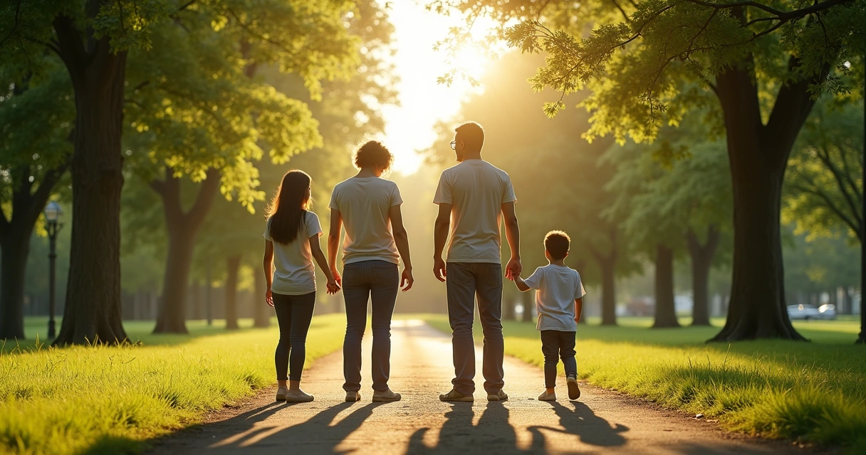 Family standing at a crossroads in a park, each looking in a different direction 