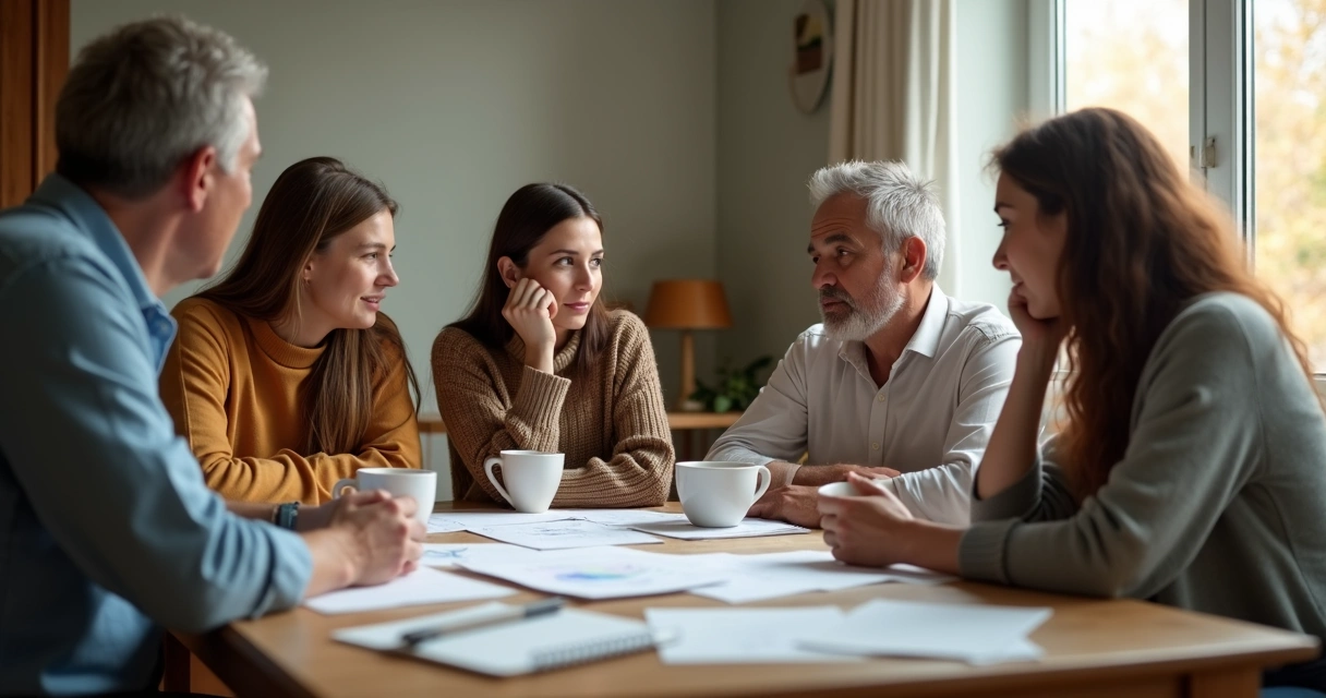 Family sitting around a table with charts and notes discussing a decision 