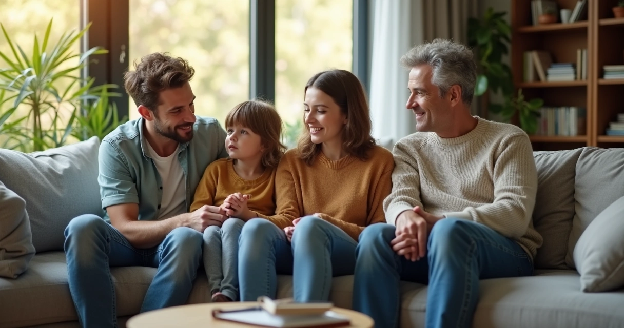 Family sitting together on couch discussing calmly 