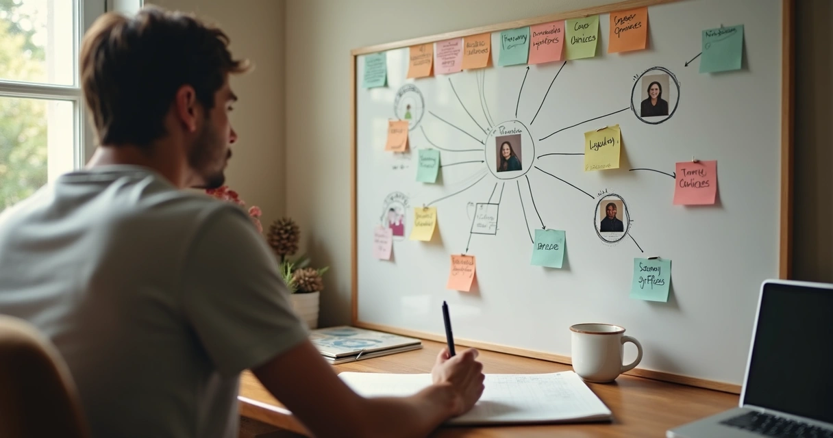 Adult mapping family influence on decisions with notes and photos on a wall 