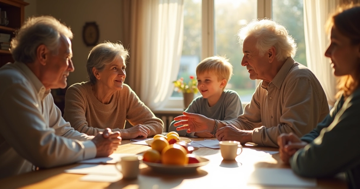 Three generations sitting together at a table discussing a family matter 