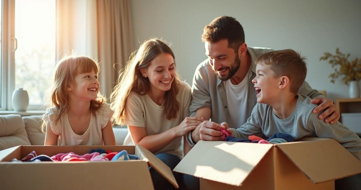 Family of four smiling while sorting items and cleaning a living room 