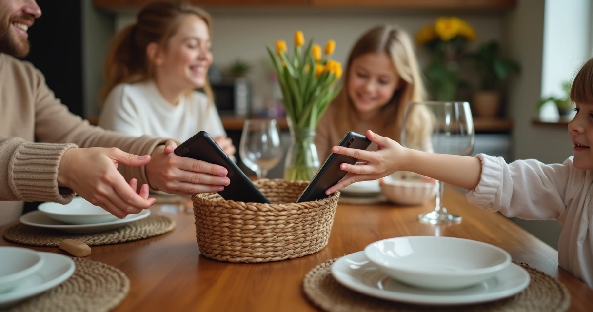Family placing phones in a basket by the dinner table