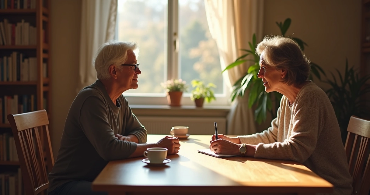 Two family members talking calmly at a table with notes and tea 