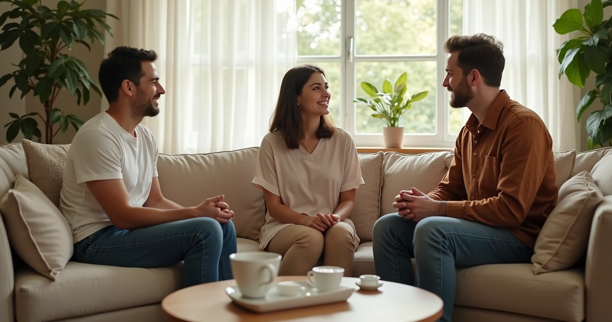 Family seated in a living room having a calm conversation 